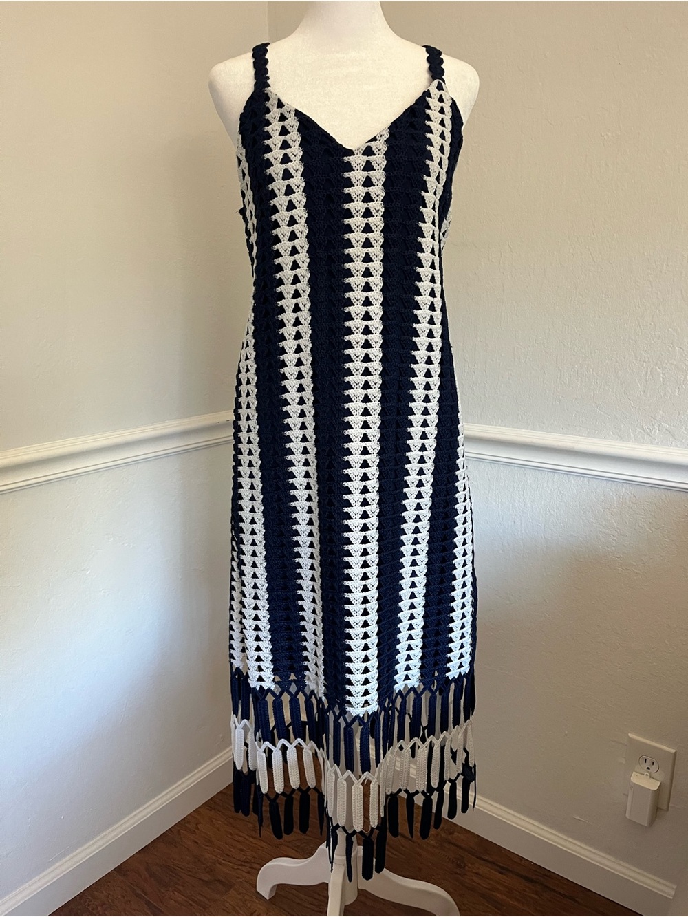 Zara Navy & White Crochet Dress with Fringe
